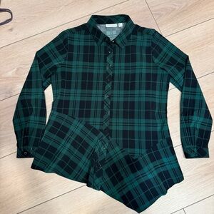 Susan Graver Printed Stretch Woven Button-Front Top green plaid M asymmetrical